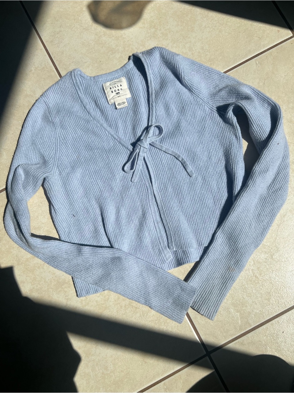 Billabong Pale Blue Ribbed V-Neck Tie-Front Sweater